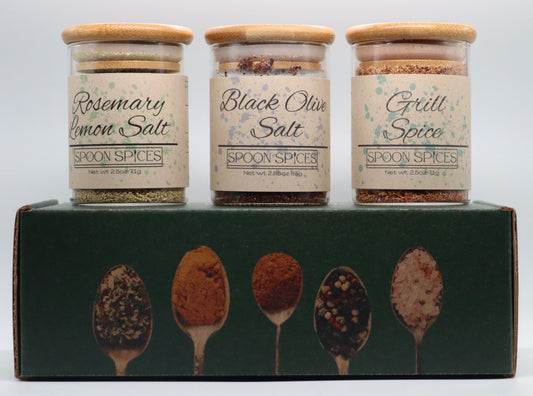 Rosemary salt black olive salt grill spice 3 glass jars small batch spice blends